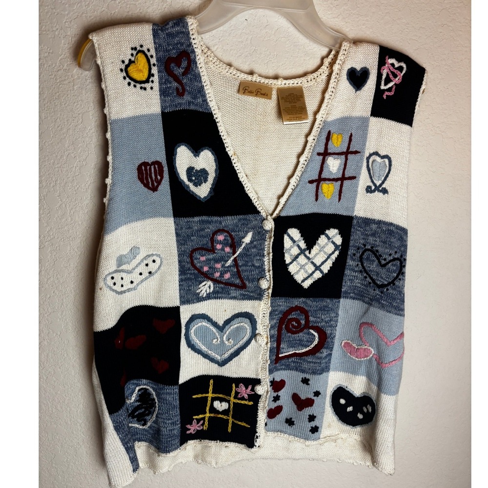 Bobbie Brooks Vintage Patchwork Heart Sweater Vest Cardigan Women's XL Valentine